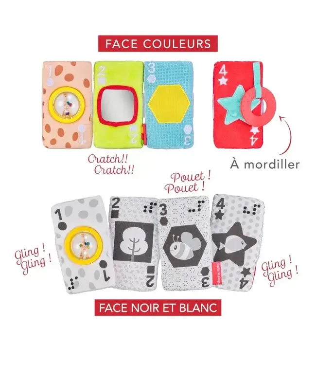 Sophie de Giraf | Fresh Touch | Soft Toy | Zintuigelijke Kaarten | 4 delig | Tweezijdig | 14 cm | +3 maanden