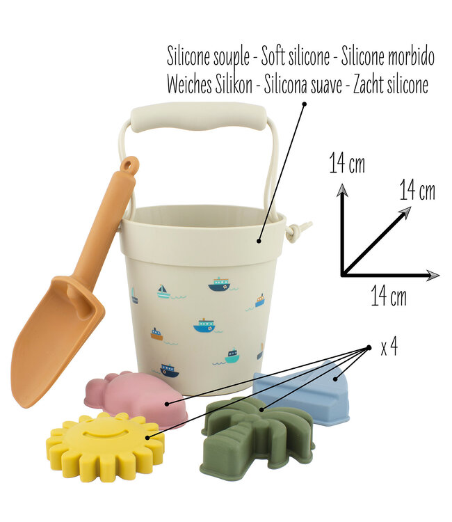 Ulysse | Siliconen Strandsetje | Emmer met schep en Zandvormpjes | 6 delig | 1+