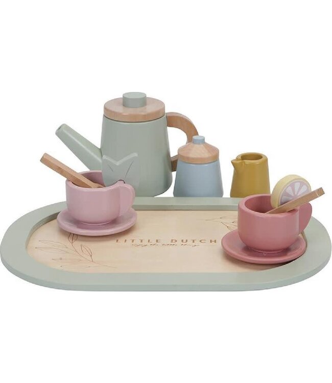 Little Dutch | Houten Thee Servies | Flowers | 14 delig | Theepot 9,5 hoog | 2+