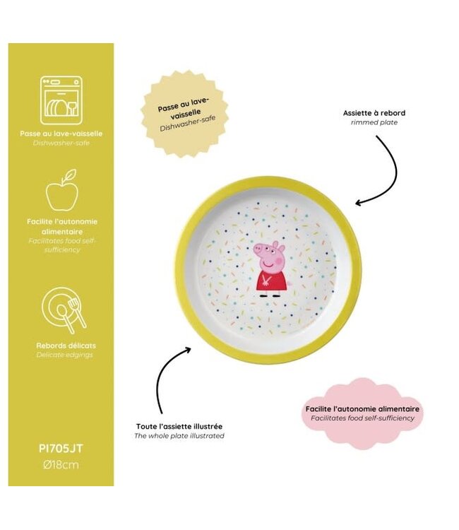 Petit Jour Paris | Peppa Pig | Bord Met Opstaande Rand | Gele rand | 18 cm | + 6 mnd