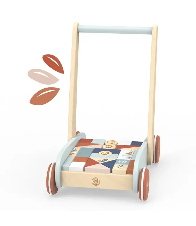 Speedy Monkey | Houten Loopwagen | Inclusief Blokken | 27 delig | 34 x 25 | Hoogte Duwstang 38 cm | 1+