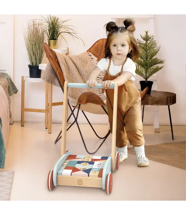 Speedy Monkey | Houten Loopwagen | Inclusief Blokken | 27 delig | 34 x 25 | Hoogte Duwstang 38 cm | 1+