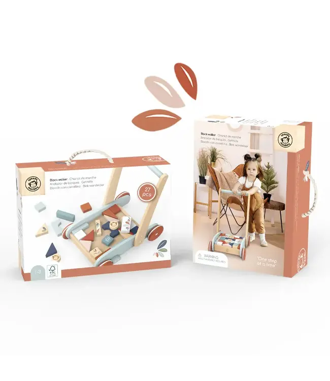 Speedy Monkey | Houten Loopwagen | Inclusief Blokken | 27 delig | 34 x 25 | Hoogte Duwstang 38 cm | 1+