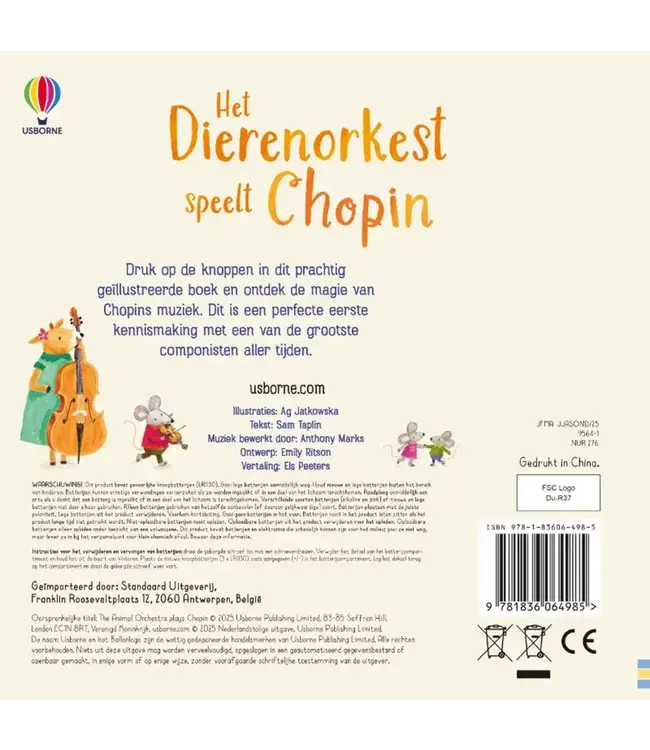 Usborne | Geluidenboek met Muziek | Het Dierenorkest speelt Chopin | 2+