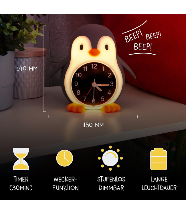 MegaLight | Pinguïn | Nachtlamp | Wekker | USB Oplaadbaar | 14 cm