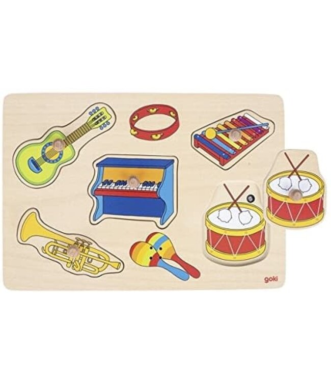 Goki | Houten Knoppuzzel met geluid | Inclusief 2 x AAA Batterijen | Muziekinstrumenten | 30 x 20.5 x 3 cm | 1+