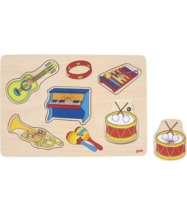 Goki | Houten Knoppuzzel met geluid | Inclusief 2 x AAA Batterijen | Muziekinstrumenten | 30 x 20.5 x 3 cm | 1+