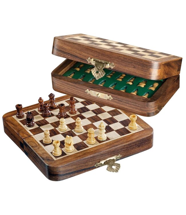 Philos | Houten Schaakspel | Travelgame Chess | magnetisch klapbord | 13 x 6,5 cm