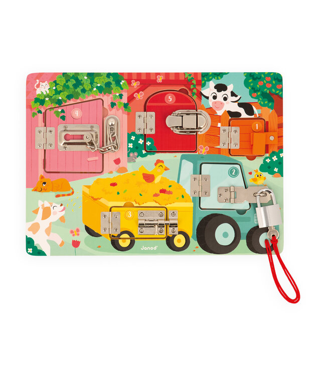 Janod | Houten Speelgoed | Activiteitenbord met sloten en grendels | 34,5 x 24,5 cm | 3+