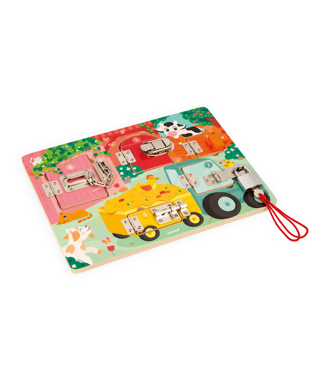Janod | Houten Speelgoed | Activiteitenbord met sloten en grendels | 34,5 x 24,5 cm | 3+