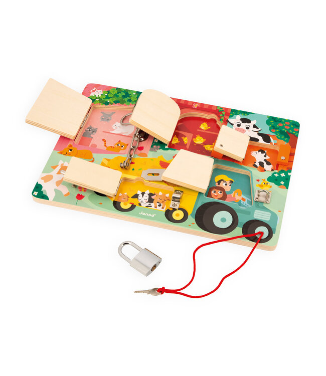 Janod | Houten Speelgoed | Activiteitenbord met sloten en grendels | 34,5 x 24,5 cm | 3+