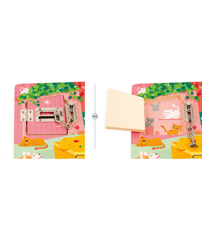 Janod | Houten Speelgoed | Activiteitenbord met sloten en grendels | 34,5 x 24,5 cm | 3+