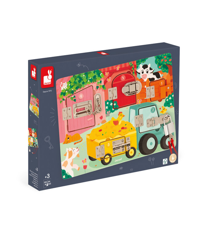 Janod | Houten Speelgoed | Activiteitenbord met sloten en grendels | 34,5 x 24,5 cm | 3+