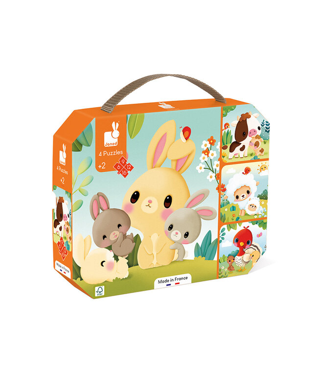 Janod | 4 Puzzels | Boerderij | 20x 20 cm | 6-9-12-16 stukjes | 2+