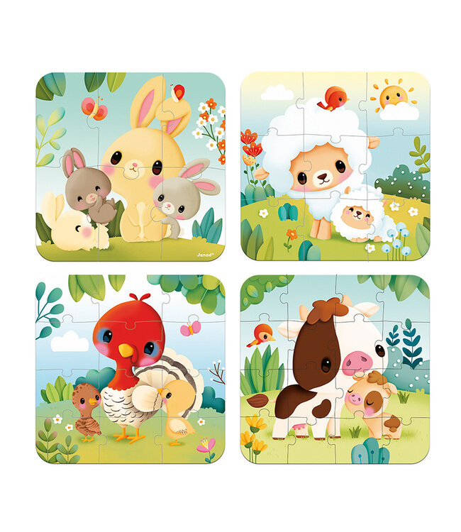 Janod | 4 Puzzels | Boerderij | 20x 20 cm | 6-9-12-16 stukjes | 2+