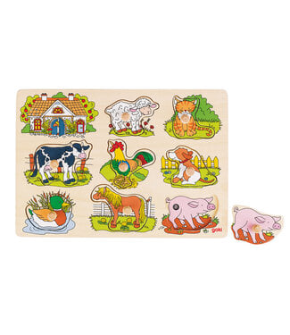 Goki | Houten Knoppuzzel met geluid | Inclusief 2 x AAA Batterijen | Boerderij | 30 x 20.5 x 3 cm | 1+
