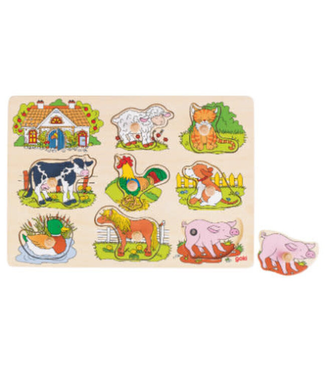 Goki | Houten Knoppuzzel met geluid | Inclusief 2 x AAA Batterijen | Boerderij | 30 x 20.5 x 3 cm | 1+