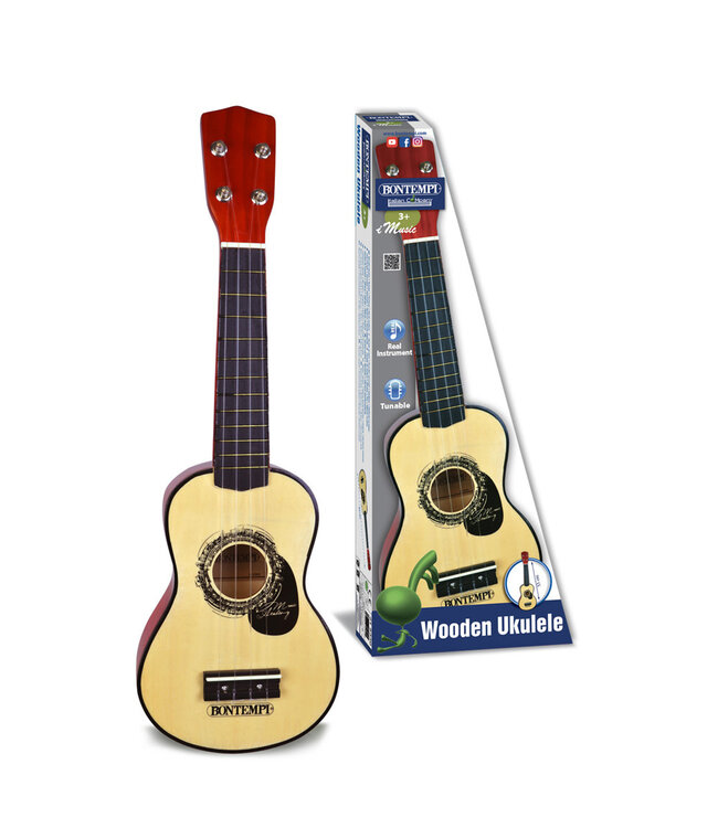 Bontempi | Houten Ukelele | Realistic Sound | 4 snaren | Stembaar | 52,5 cm | 3+