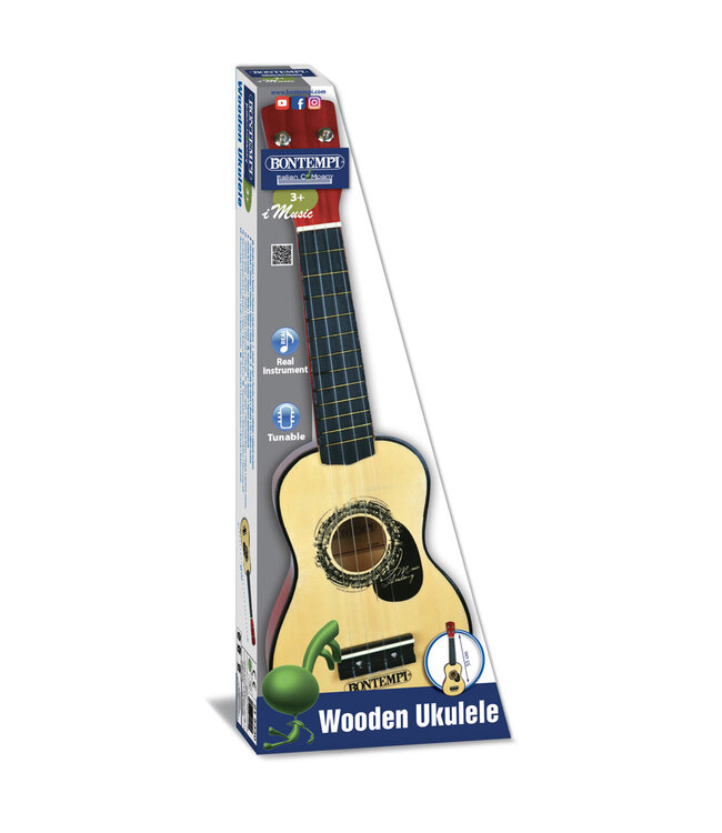 Bontempi | Houten Ukelele | Realistic Sound | 4 snaren | Stembaar | 52,5 cm | 3+