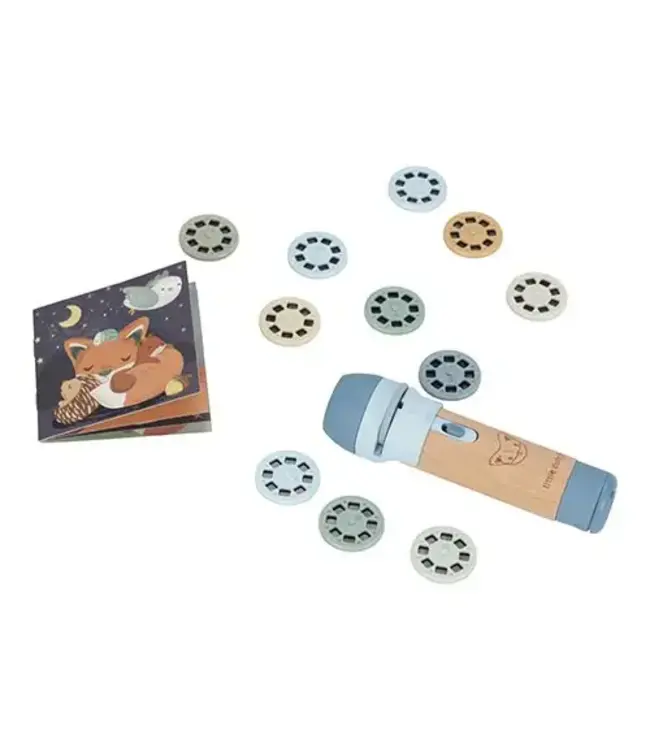 Little Dutch | Bedtime Stories | Zaklamp met Houten Handvat | Mini Projector | Blauw | 13 dlg | 4+