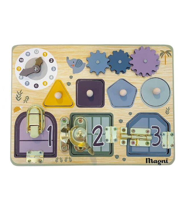 Magni ApS | Houten Speelgoed | Bord met Sloten, Vormen en Klok | 30 x 22 cm | 2+