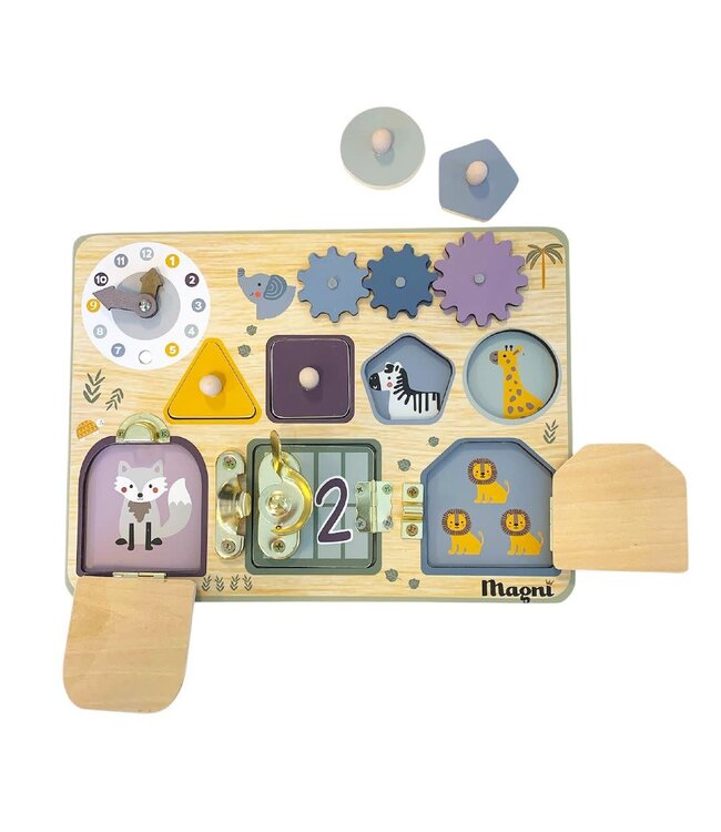 Magni ApS | Houten Speelgoed | Bord met Sloten, Vormen en Klok | 30 x 22 cm | 2+
