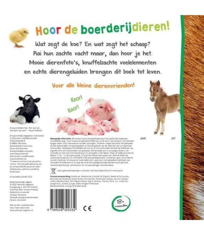 Veltman | Voel- en Geluidenboek | Welk Dier hoor ik hier? | Boerderijdieren | 1+