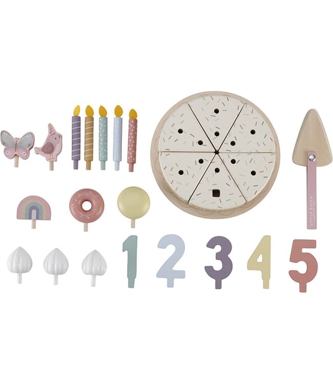 Little Dutch | Houten Snijdbare Verjaardagstaart | Roze | 26 delig | 3+