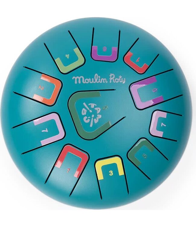Moulin Roty | Trommel | Metal Tongue Drum | Groen Blauw | 11 Toons | 20 x 11 cm | 5+