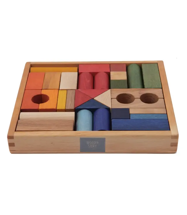 Wooden Story | Gekleurde Houten Blokken | in houten tray | 30 stuks | 1+