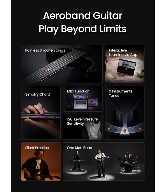 AeroBand Smart Gitaar – Ingebouwde Speaker - Bluetooth Elektronische Gitaar met Case, Strap & Mic – Muziekinstrument Set - AUX - MIDI