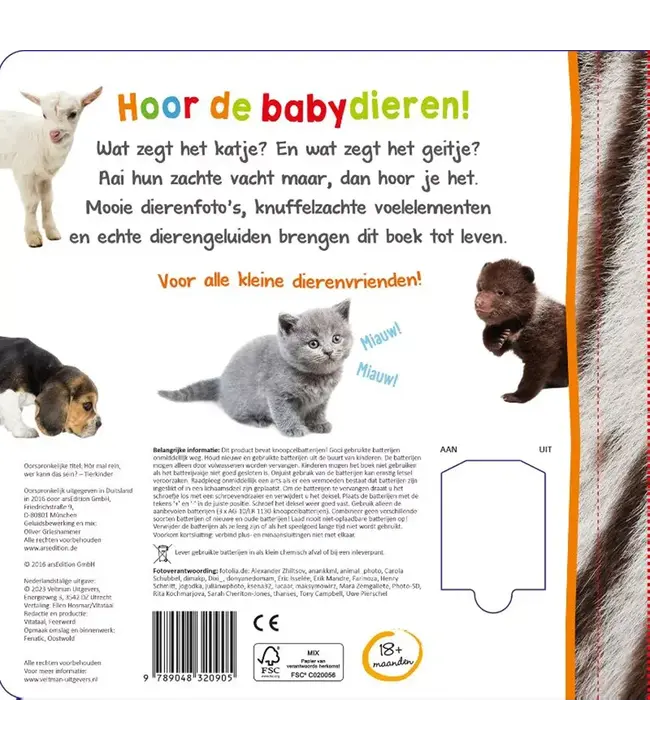 Veltman | Voel- en Geluidenboek | Welk Dier hoor ik hier? | Babydieren | 1+