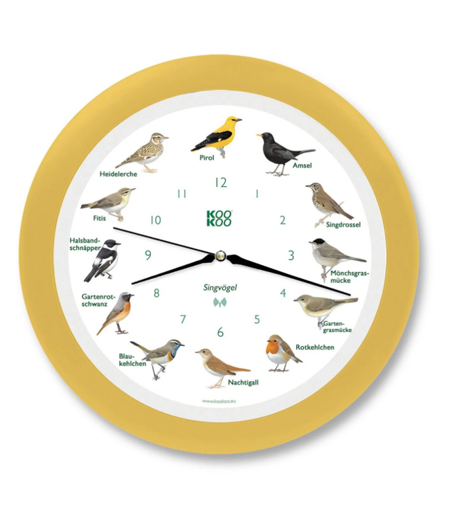 KooKoo | Klok met Dierengeluiden | Radio Controlled | Zangvogels | Crème Gele lijst