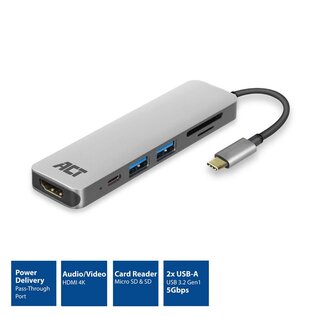 ACT AC7023 USB-C naar HDMI multiport adapter 4K, USB hub, cardreader, PD pass through