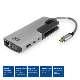 ACT AC7043 USB-C naar HDMI of VGA multiport adapter met ethernet, USB hub, cardreader, audio en PD pass through