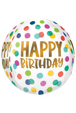 Folieballon orbz regenboogstippen met happy birthday goud