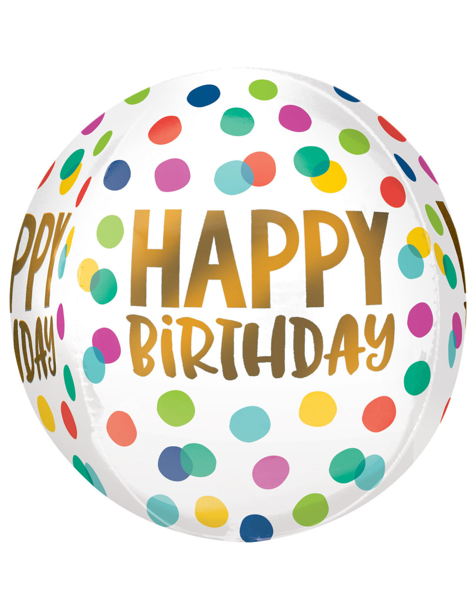 Folieballon orbz regenboogstippen met happy birthday goud