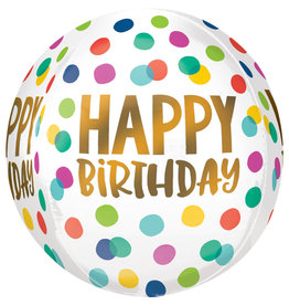 Folieballon orbz regenboogstippen met happy birthday goud