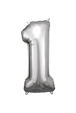 Folieballon zilver cijfer 1 86 cm Folieballon zilver cijfer 1 86 cm