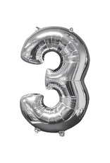 Folieballon zilver cijfer 3 66 cm Folieballon zilver cijfer 3 66 cm