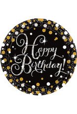 Sparkling borden happy birthday zwart/zilver 8 stuks 23 cm