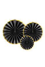 Partydeco rosettes zwart met gouden rand 3-pack