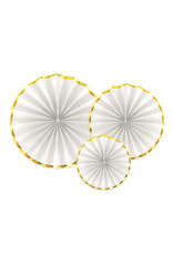 Partydeco rosettes wit met gouden rand 3-pack