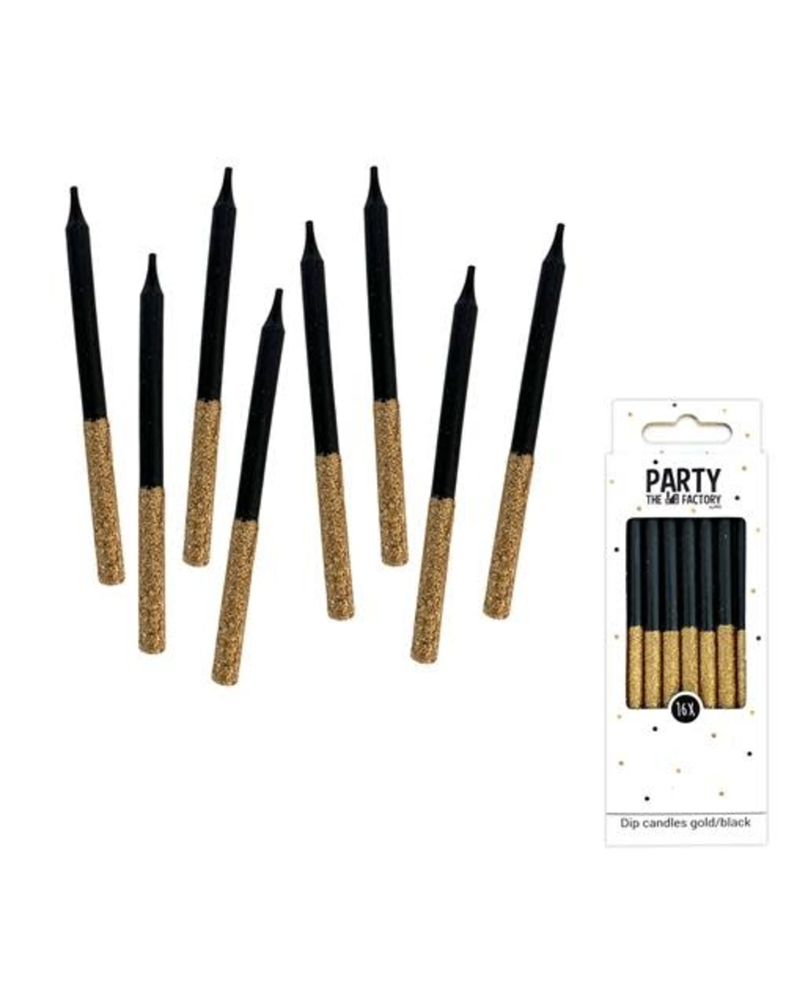 The party factory zwarte lange kaarsen met gouden glitter 16 stuks