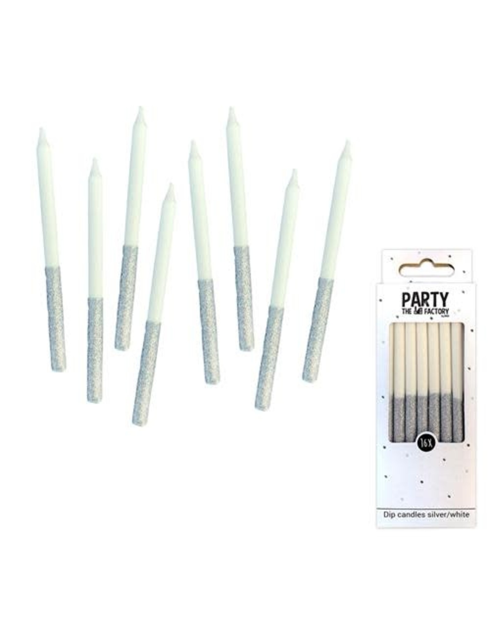 The party factory witte lange kaarsen met glitter zilver 16 stuks