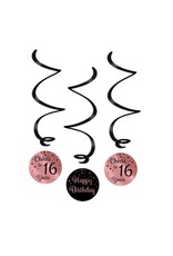Swirl decorations rose gold & black cheers to 16 years 3-delig