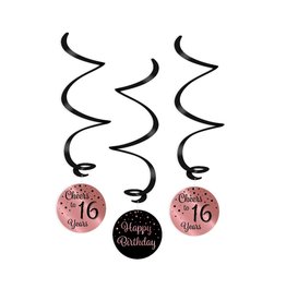 Swirl decorations rose gold & black cheers to 16 years 3-delig