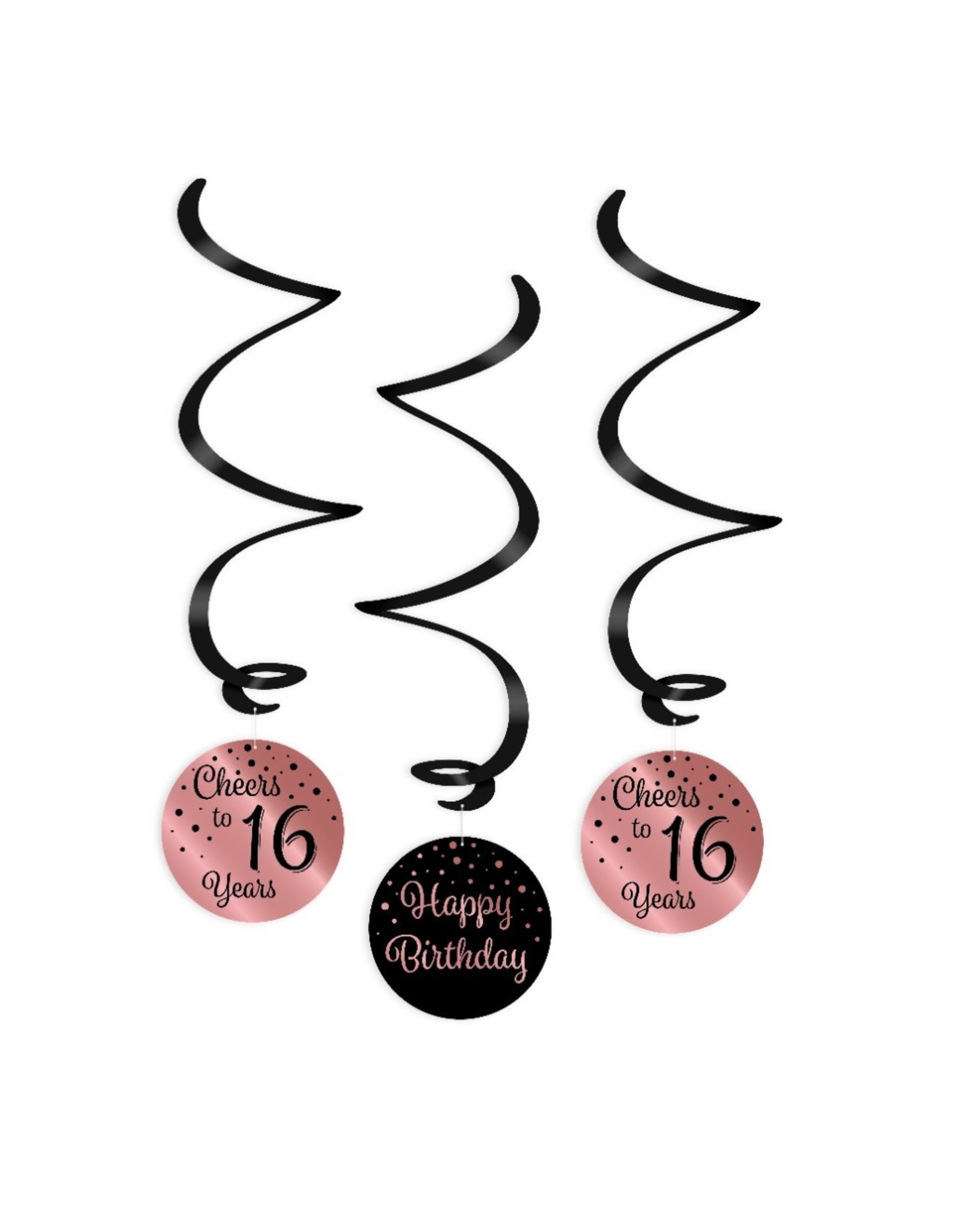 Swirl decorations rose gold & black cheers to 16 years 3-delig