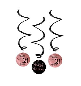 Swirl decorations rose gold & black cheers to 21 years 3-delig