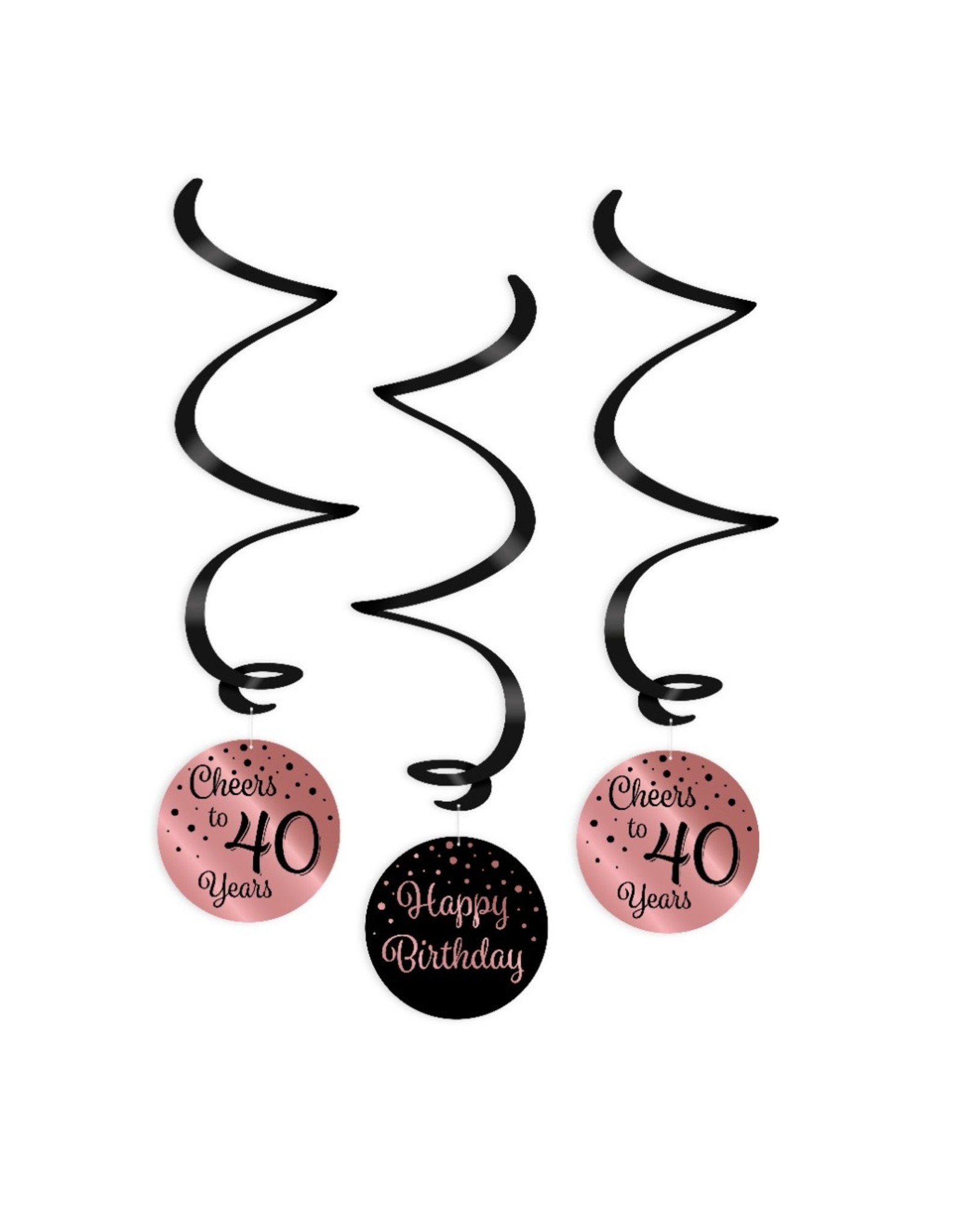 Swirl decorations rose gold & black cheers to 40 years 3-delig